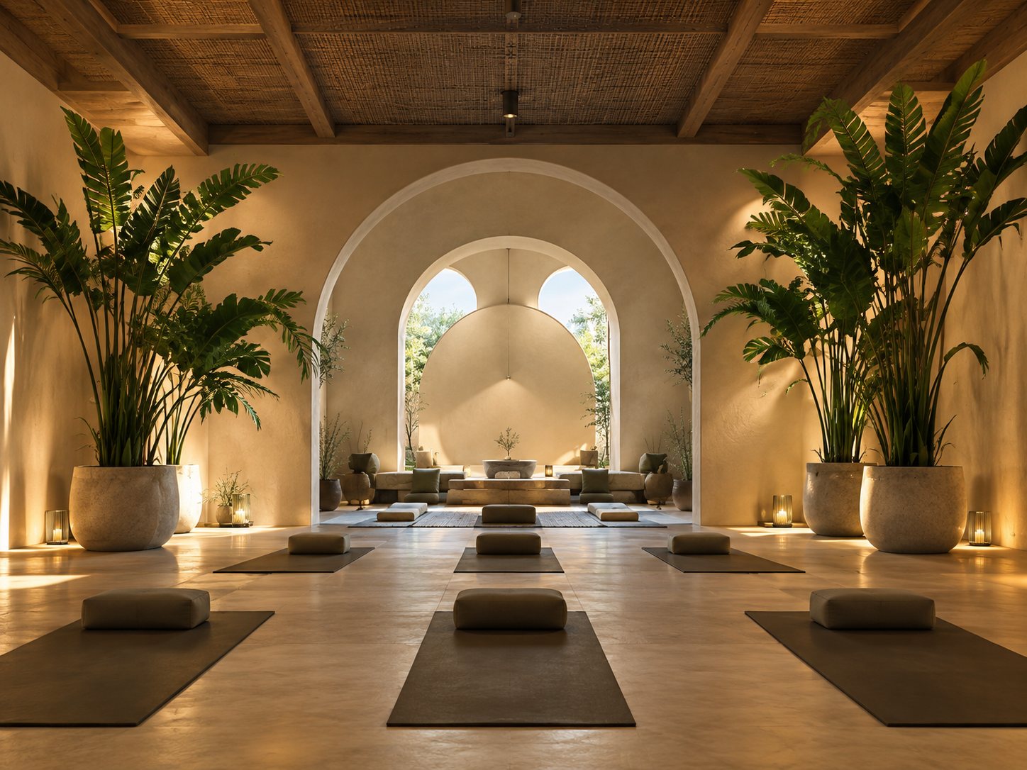 Calm meditation studio with arched doorways and palms