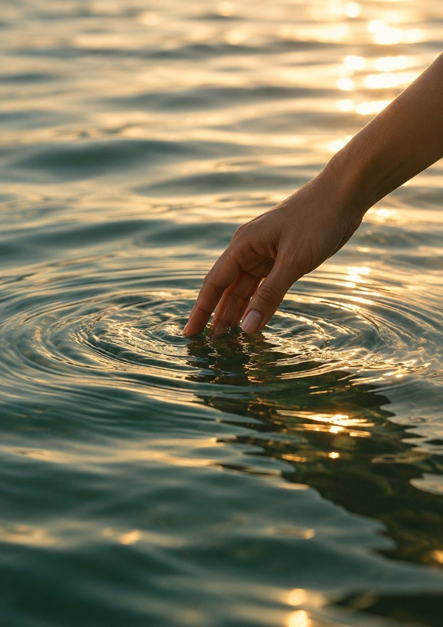 A hand touching sunlit blue-green water