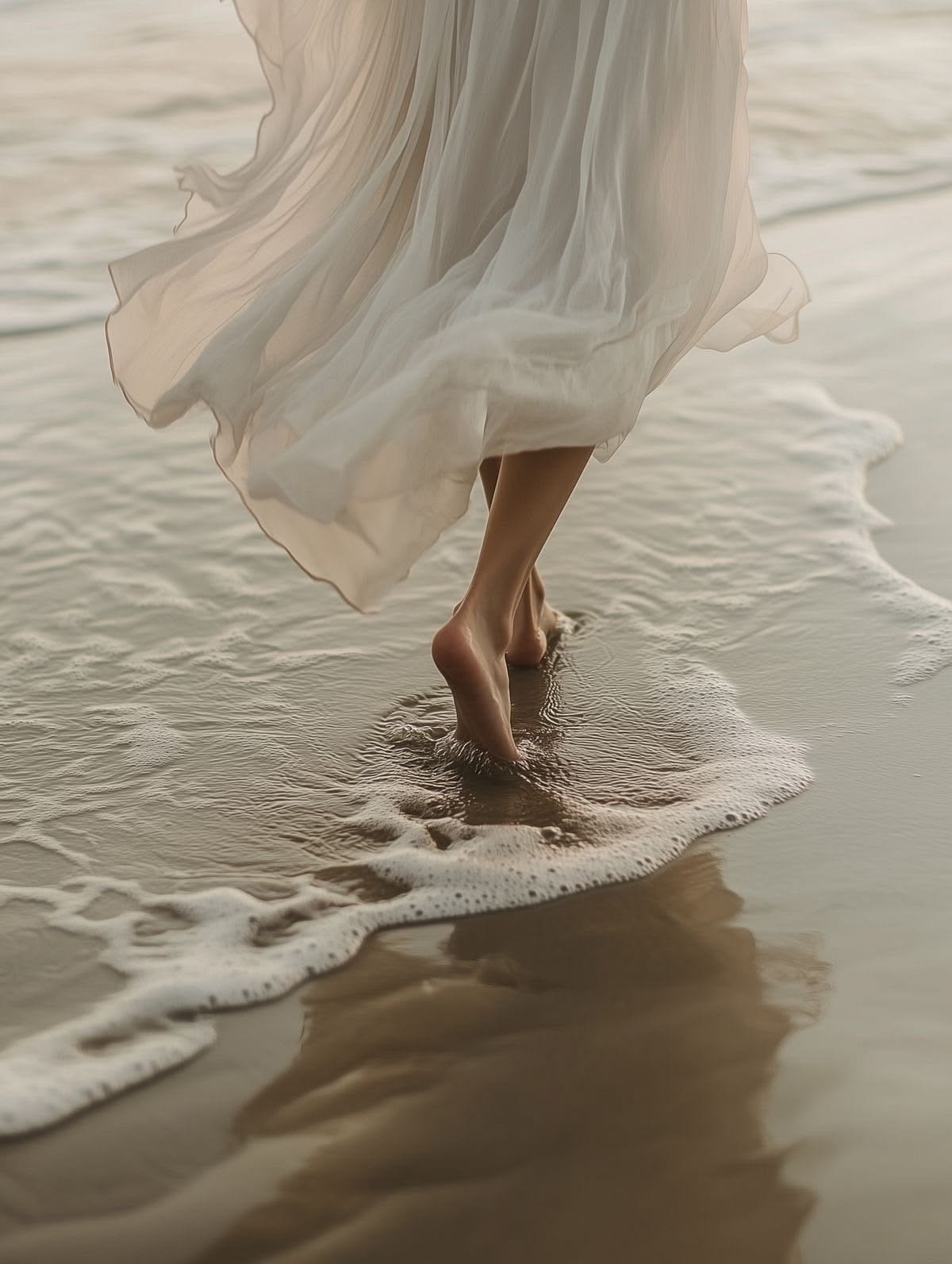 A woman in a flowing white dress walking barefoot at the water’s edge