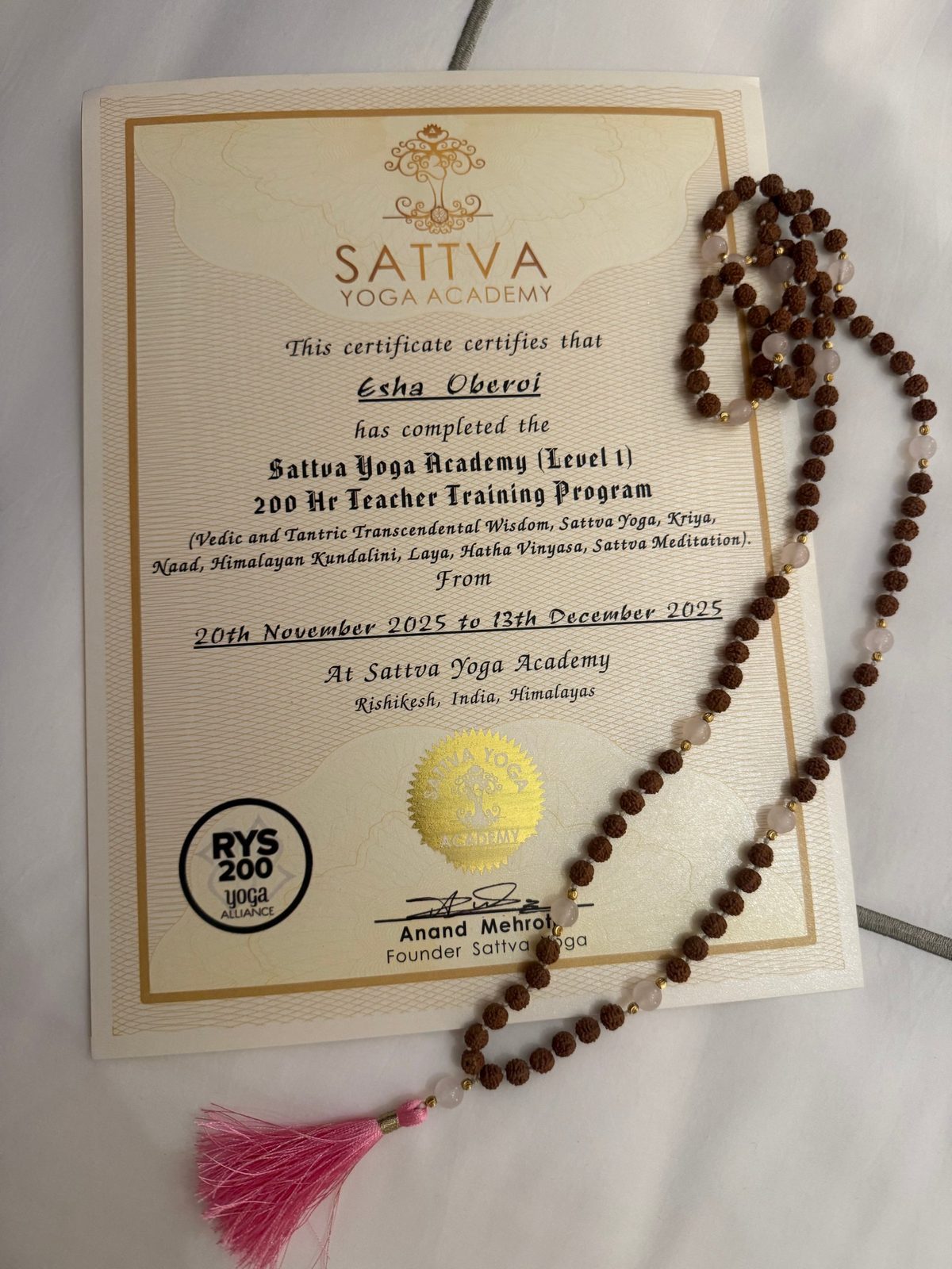 Sattva Yoga Academy 200-hour Yoga Teacher Training certificate