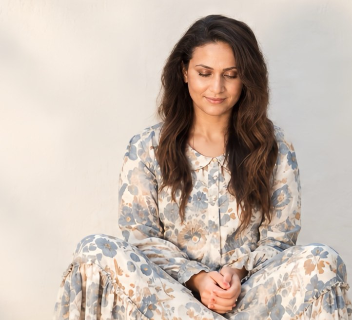 Esha Oberoi sitting on a low wall beside a potted plant